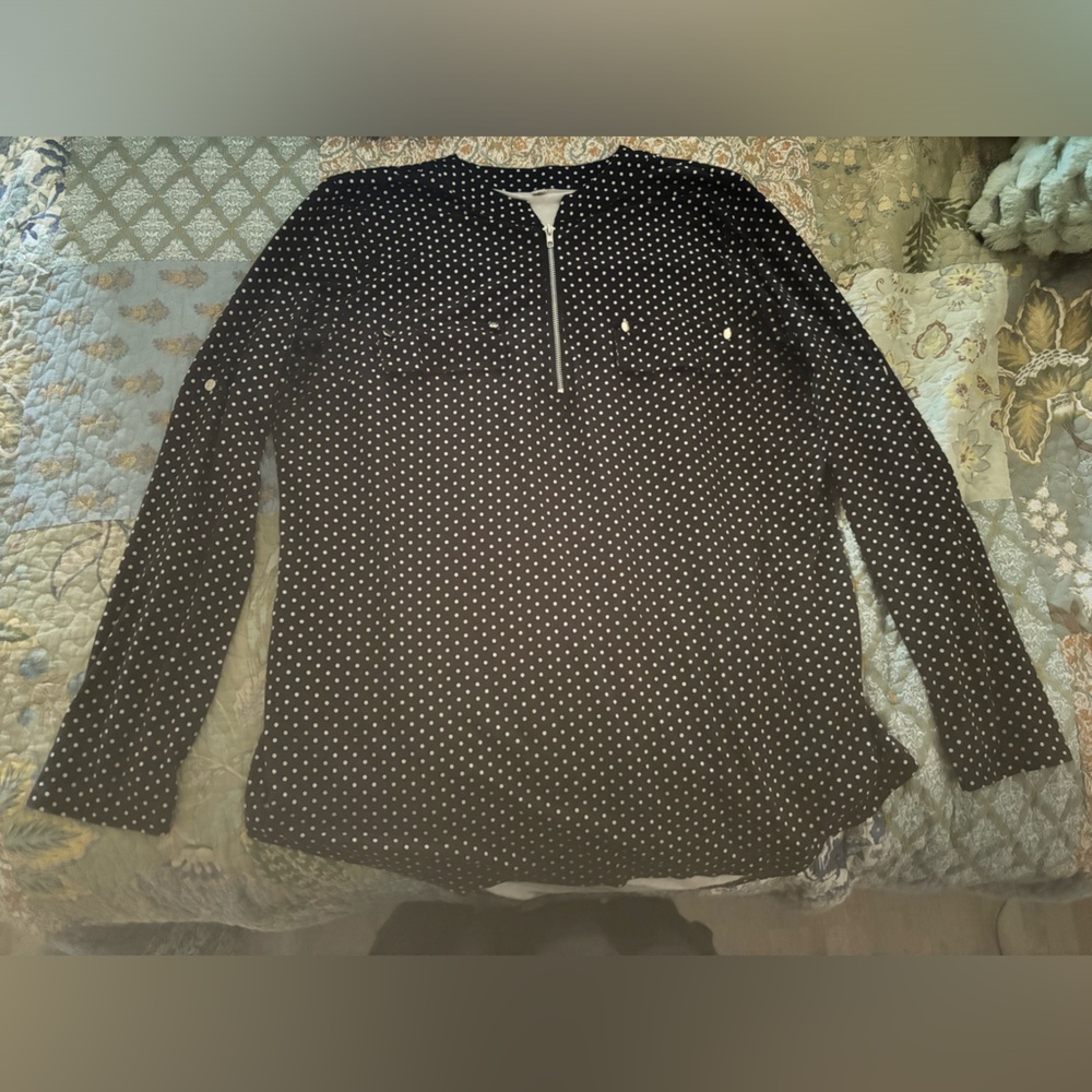 Luckymore Black and White Polkadot Shirt, Business Casual, Collared with Pockets